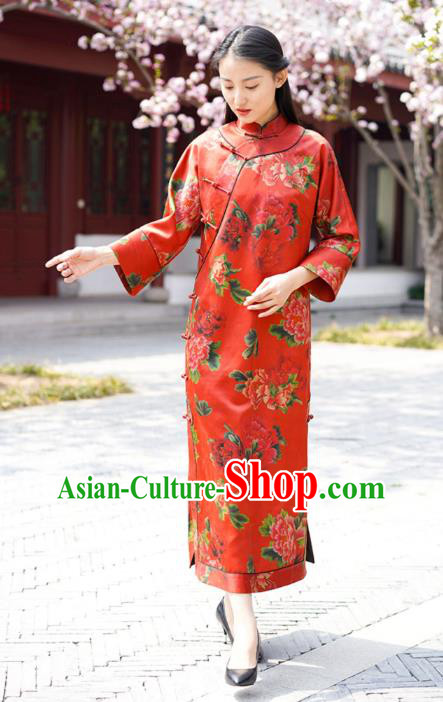 Chinese Traditional Red Silk Qipao Dress Costume National Young Lady Printing Peony Cheongsam