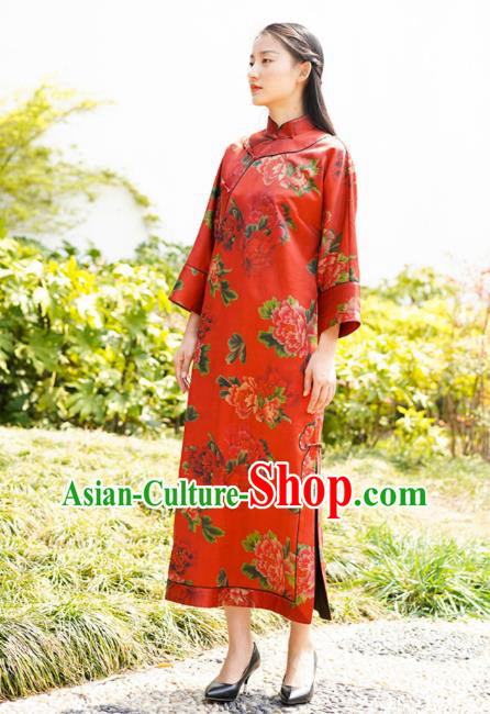 Chinese Traditional Red Silk Qipao Dress Costume National Young Lady Printing Peony Cheongsam