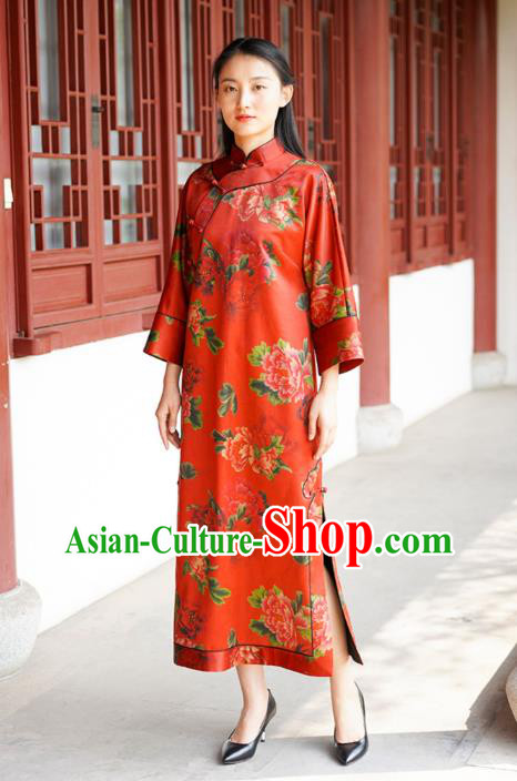 Chinese Traditional Red Silk Qipao Dress Costume National Young Lady Printing Peony Cheongsam