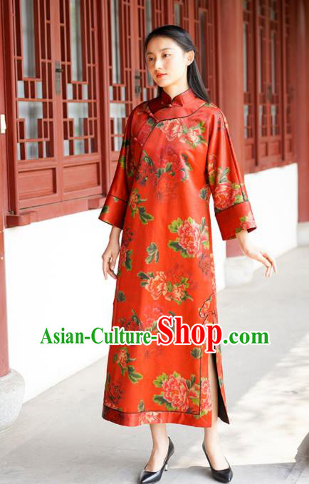 Chinese Traditional Red Silk Qipao Dress Costume National Young Lady Printing Peony Cheongsam