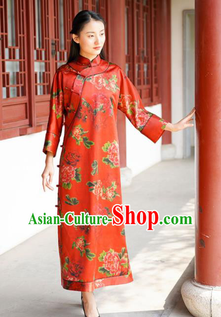 Chinese Traditional Red Silk Qipao Dress Costume National Young Lady Printing Peony Cheongsam