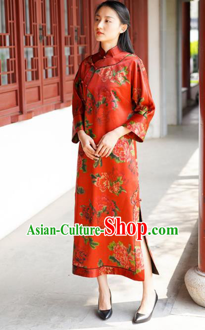 Chinese Traditional Red Silk Qipao Dress Costume National Young Lady Printing Peony Cheongsam