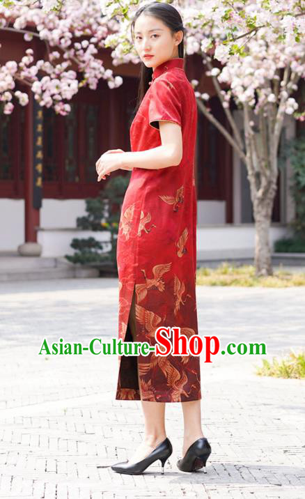 Chinese Traditional Printing Cranes Qipao Dress Costume National Young Lady Red Silk Cheongsam