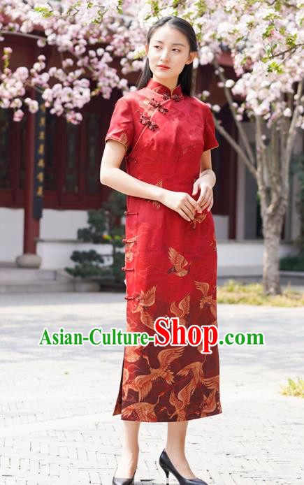 Chinese Traditional Printing Cranes Qipao Dress Costume National Young Lady Red Silk Cheongsam