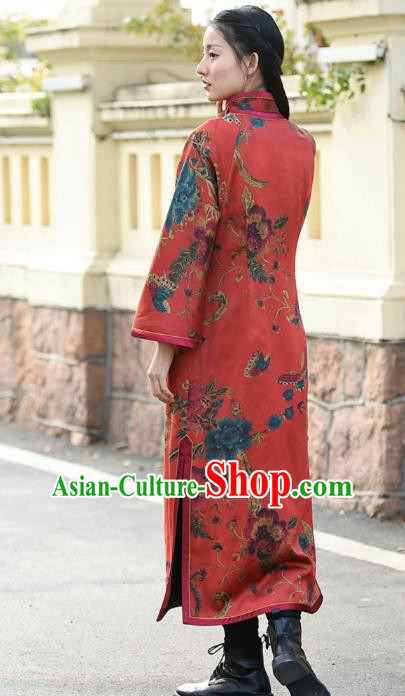 Chinese Traditional Printing Red Qipao Dress Costume National Young Lady Cotton Wadded Cheongsam