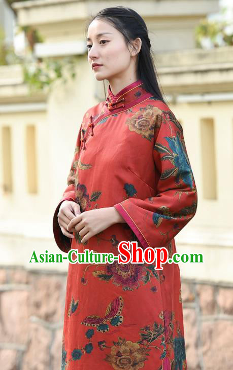 Chinese Traditional Printing Red Qipao Dress Costume National Young Lady Cotton Wadded Cheongsam