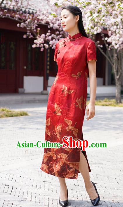 Chinese Traditional Printing Cranes Qipao Dress Costume National Young Lady Red Silk Cheongsam