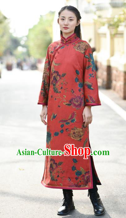Chinese Traditional Printing Red Qipao Dress Costume National Young Lady Cotton Wadded Cheongsam