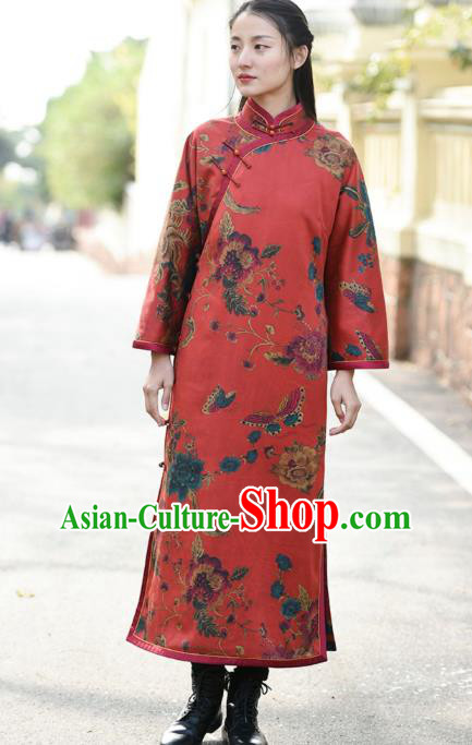Chinese Traditional Printing Red Qipao Dress Costume National Young Lady Cotton Wadded Cheongsam
