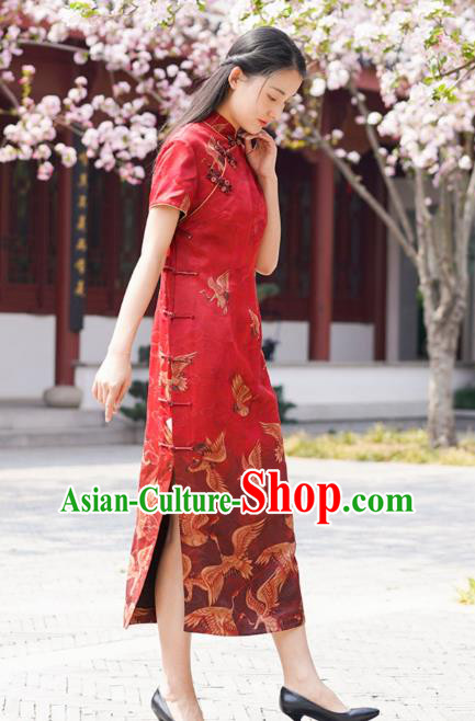Chinese Traditional Printing Cranes Qipao Dress Costume National Young Lady Red Silk Cheongsam