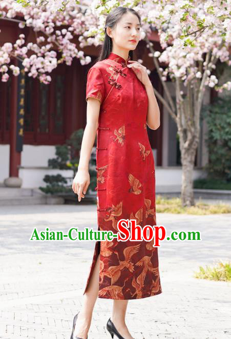 Chinese Traditional Printing Cranes Qipao Dress Costume National Young Lady Red Silk Cheongsam