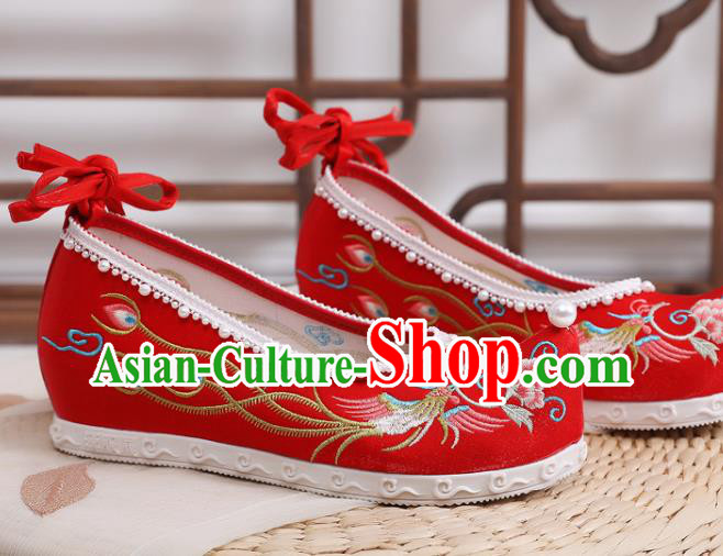 China Traditional Wedding Pearls Shoes National Embroidered Phoenix Peony Shoes Handmade Red Satin Shoes