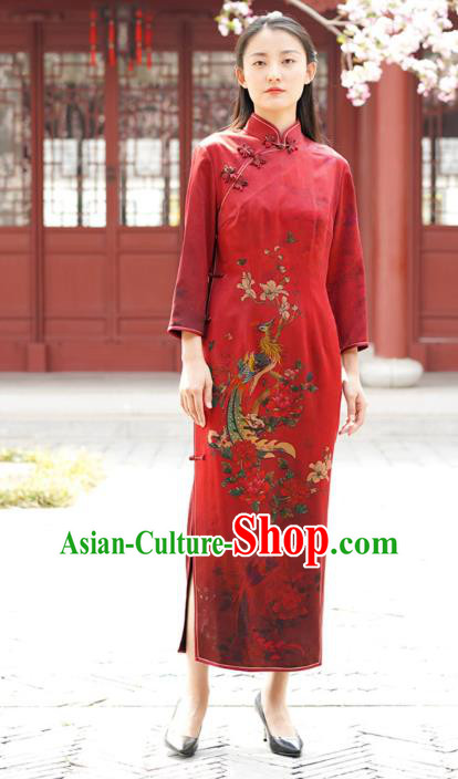 Chinese Traditional Printing Phoenix Peony Qipao Dress Costume National Young Lady Red Silk Cheongsam