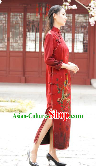 Chinese Traditional Printing Phoenix Peony Qipao Dress Costume National Young Lady Red Silk Cheongsam