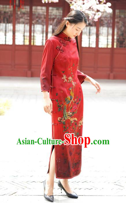 Chinese Traditional Printing Phoenix Peony Qipao Dress Costume National Young Lady Red Silk Cheongsam