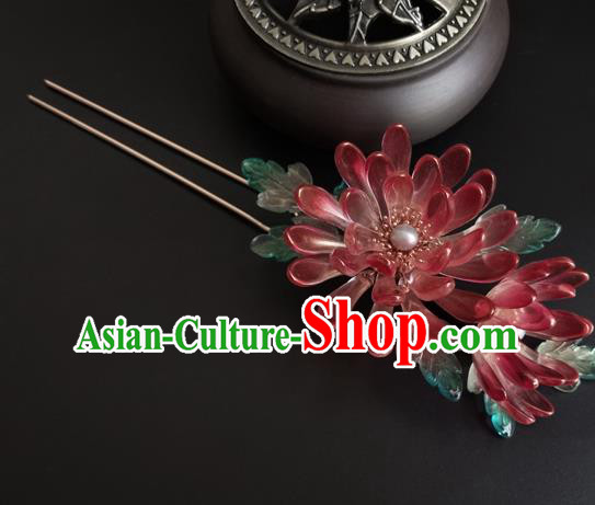 China Ancient Princess Red Chrysanthemum Hairpin Traditional Song Dynasty Palace Lady Hair Stick