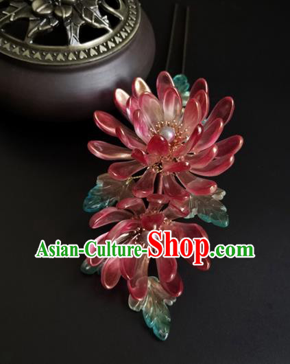 China Ancient Princess Red Chrysanthemum Hairpin Traditional Song Dynasty Palace Lady Hair Stick