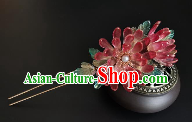 China Ancient Princess Red Chrysanthemum Hairpin Traditional Song Dynasty Palace Lady Hair Stick