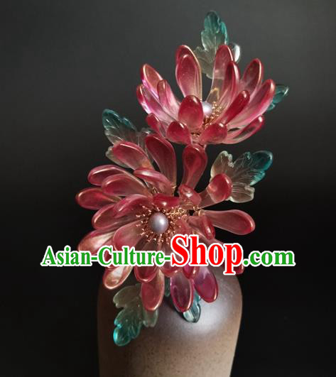 China Ancient Princess Red Chrysanthemum Hairpin Traditional Song Dynasty Palace Lady Hair Stick