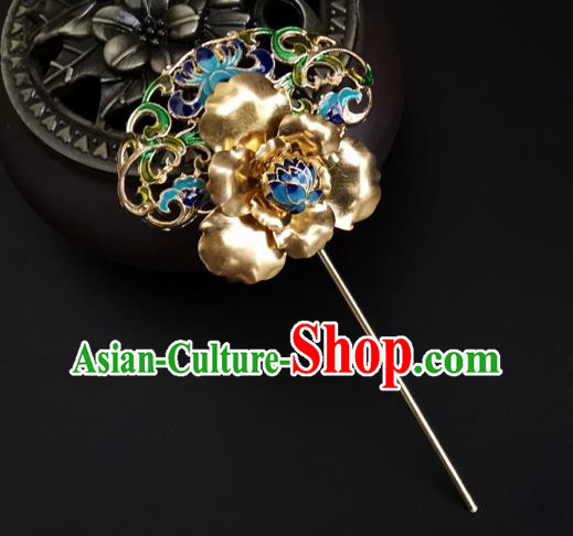 China Ancient Imperial Concubine Golden Peony Hairpin Traditional Qing Dynasty Court Cloisonne Hair Stick