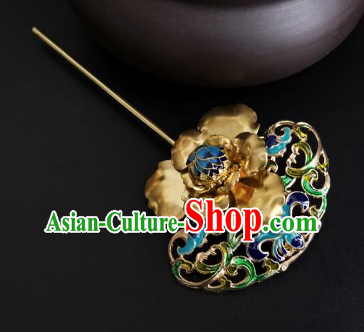 China Ancient Imperial Concubine Golden Peony Hairpin Traditional Qing Dynasty Court Cloisonne Hair Stick