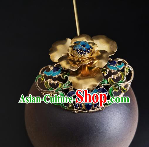 China Ancient Imperial Concubine Golden Peony Hairpin Traditional Qing Dynasty Court Cloisonne Hair Stick