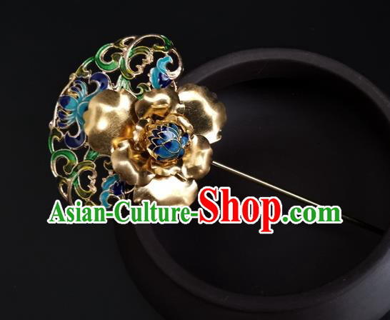 China Ancient Imperial Concubine Golden Peony Hairpin Traditional Qing Dynasty Court Cloisonne Hair Stick