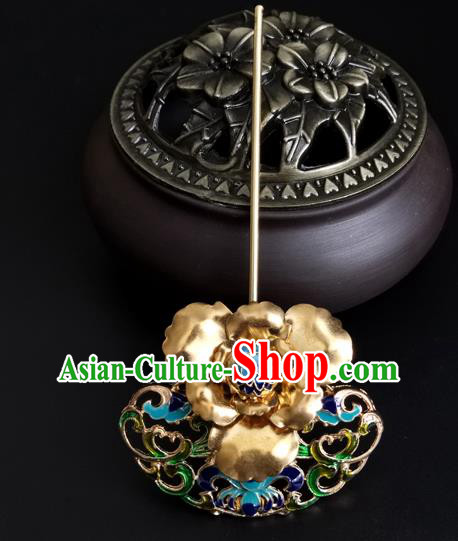 China Ancient Imperial Concubine Golden Peony Hairpin Traditional Qing Dynasty Court Cloisonne Hair Stick