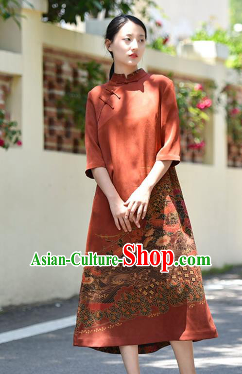 Chinese Traditional Gambiered Guangdong Gauze Qipao Dress Costume National Young Lady Printing Red Cheongsam