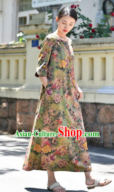 Chinese Traditional Printing Peony Qipao Dress Costume National Young Lady Light Green Cheongsam