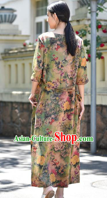 Chinese Traditional Printing Peony Qipao Dress Costume National Young Lady Light Green Cheongsam
