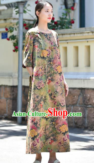 Chinese Traditional Printing Peony Qipao Dress Costume National Young Lady Light Green Cheongsam