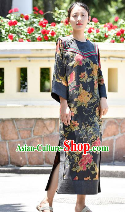 Chinese Traditional Printing Butterfly Peony Qipao Dress Costume National Young Lady Slant Opening Cheongsam