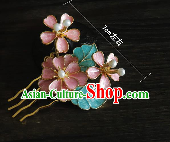 China Ancient Empress Hairpin Traditional Qing Dynasty Court Pink Peach Blossom Hair Comb
