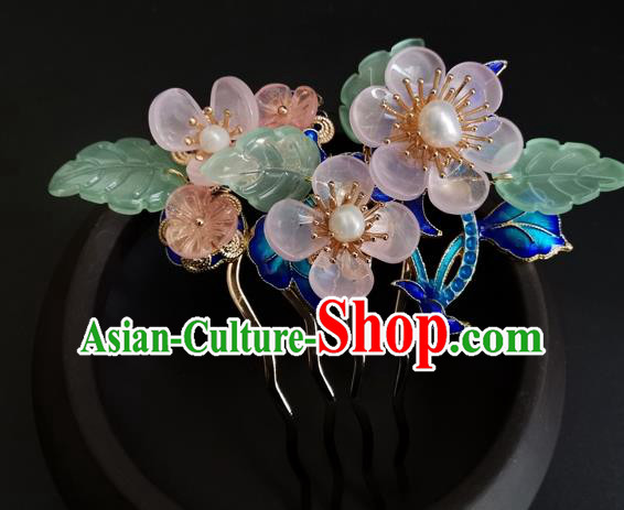 China Ancient Princess Pink Flowers Hairpin Traditional Qing Dynasty Cloisonne Hair Comb