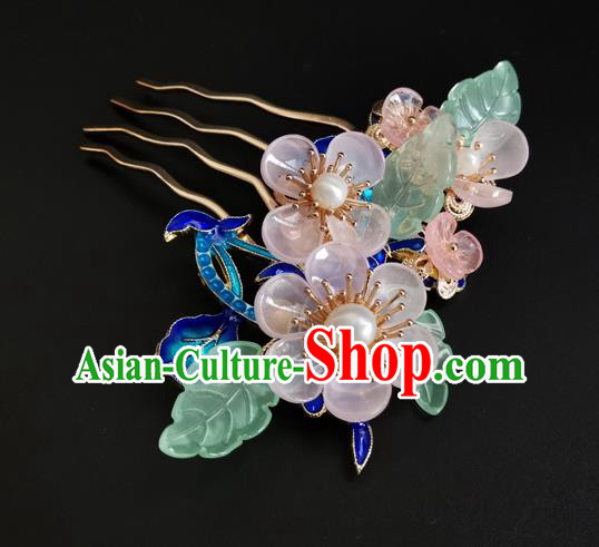 China Ancient Princess Pink Flowers Hairpin Traditional Qing Dynasty Cloisonne Hair Comb