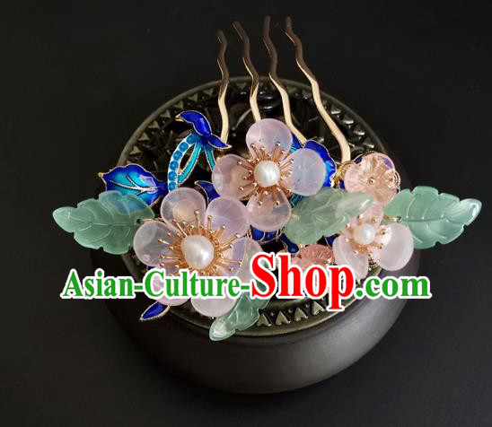 China Ancient Princess Pink Flowers Hairpin Traditional Qing Dynasty Cloisonne Hair Comb