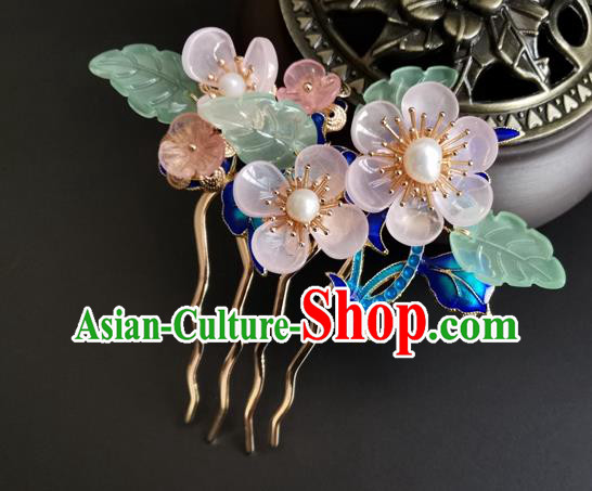 China Ancient Princess Pink Flowers Hairpin Traditional Qing Dynasty Cloisonne Hair Comb