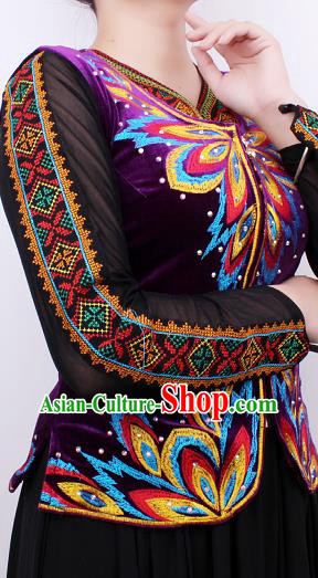 China Xinjiang Ethnic Woman Purple Velvet Vest Traditional Uygur Nationality Folk Dance Waistcoat Clothing