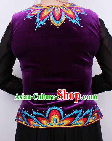 China Xinjiang Ethnic Woman Purple Velvet Vest Traditional Uygur Nationality Folk Dance Waistcoat Clothing