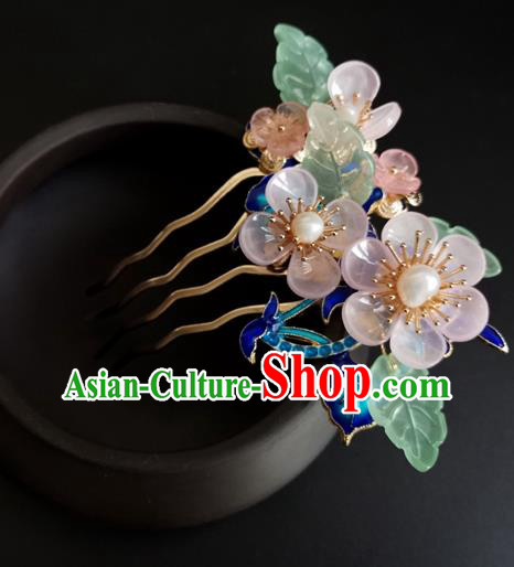 China Ancient Princess Pink Flowers Hairpin Traditional Qing Dynasty Cloisonne Hair Comb
