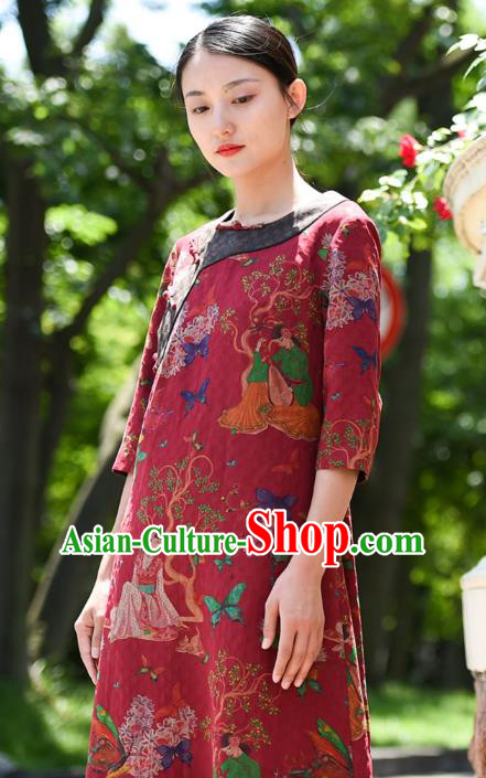 Chinese Traditional Slant Opening Qipao Dress Costume National Young Lady Printing Red Silk Cheongsam