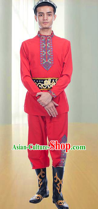 Chinese Xinjiang Folk Dance Costumes Uygur Male Dance Performance Red Outfits