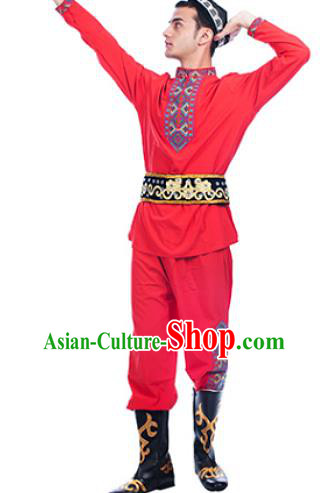 Chinese Xinjiang Folk Dance Costumes Uygur Male Dance Performance Red Outfits