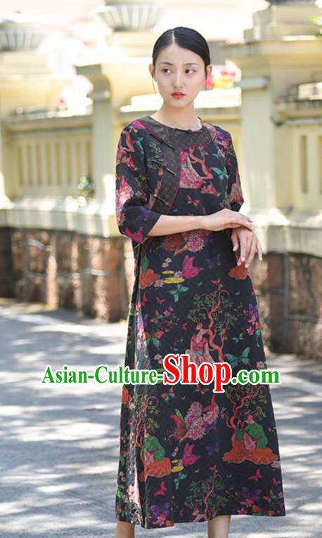 Chinese Traditional Qipao Dress Costume National Young Lady Printing Navy Silk Cheongsam
