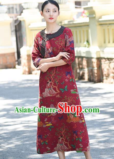 Chinese Traditional Slant Opening Qipao Dress Costume National Young Lady Printing Red Silk Cheongsam