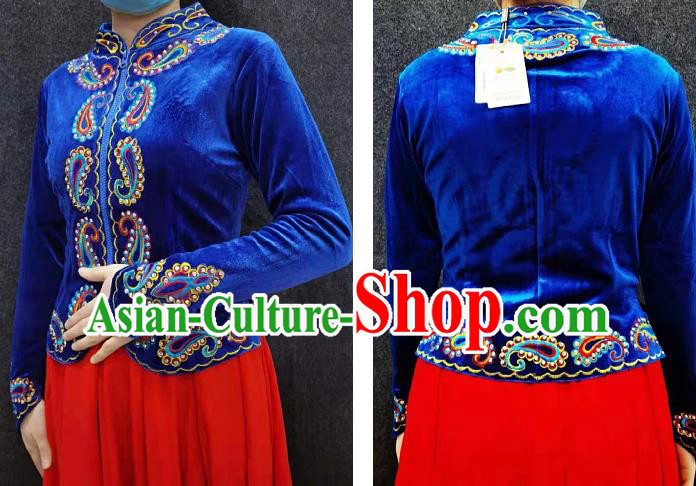 China Ethnic Folk Dance Clothing Xinjiang Woman Royalblue Velvet Blouse Traditional Uygur Nationality Shirt