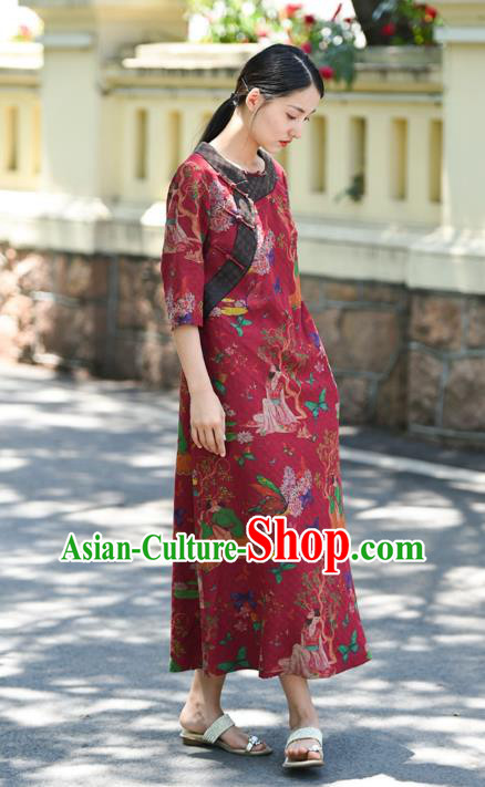 Chinese Traditional Slant Opening Qipao Dress Costume National Young Lady Printing Red Silk Cheongsam