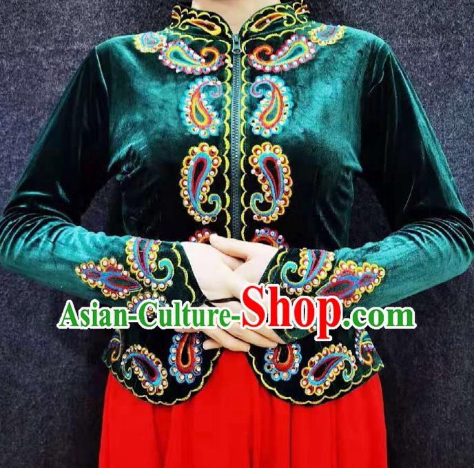 China Traditional Uygur Nationality Shirt Ethnic Folk Dance Clothing Xinjiang Woman Green Velvet Blouse