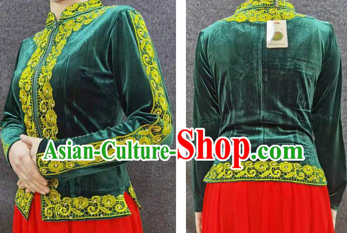 China Traditional Uygur Nationality Shirt Ethnic Folk Dance Clothing Xinjiang Woman Green Velvet Blouse
